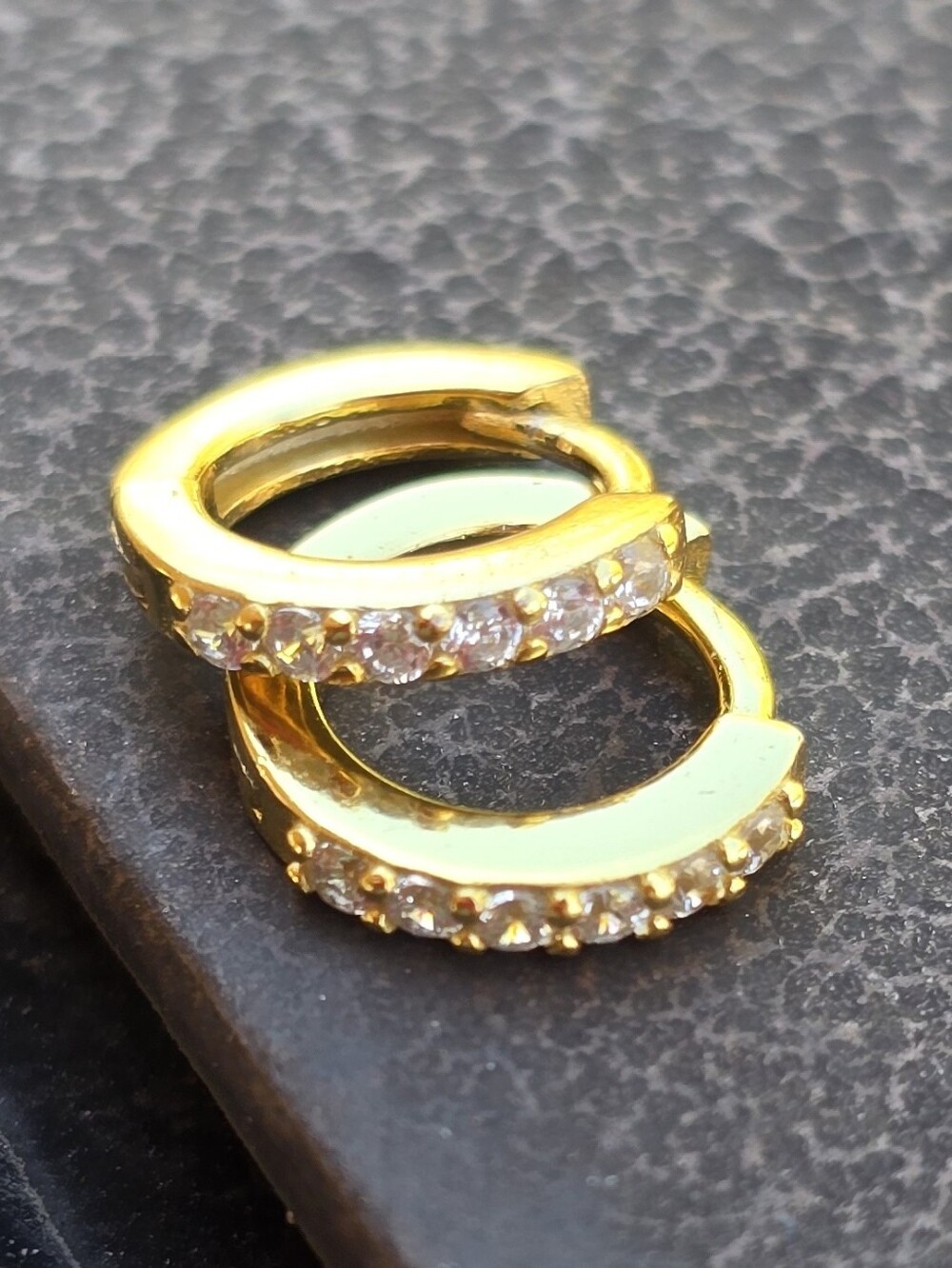 Minimalist tiny clicker 925 sterling silver gold overlay CZ diamond huggie hoops